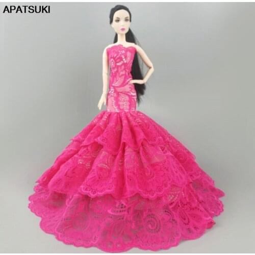 Hot Pink Lace Wedding Dress for Barbie Doll Clothes Party Gown Outfits Clothing Handmade DIY Toy for Children