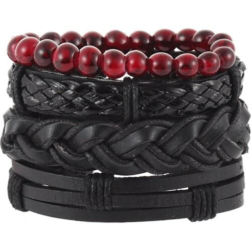 4pcs/set hippie punk black leather band wax cord knots round red onyx beads Layers stackable wrap wide Bracelet Bangles for man