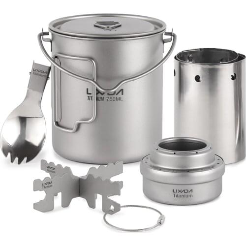 5pcs Outdoor Stoves Outdoor Camping Cookware Set 750ml Pot Alcohol Stove Stand Rack with Foldable Spork and Windscreen