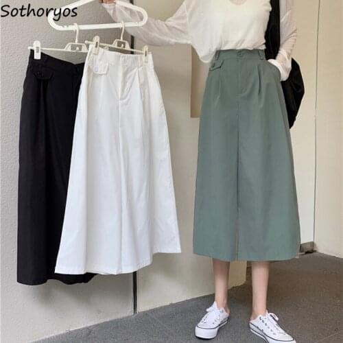 Solid Casual Pants Women Summer Korean Fashion High Waist Calf-length Wide Leg Trousers Cargo Elegant Stylish Popular Ladies OL
