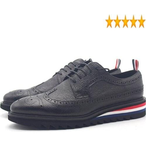 Black British Brogue Thick Carved Bottom Male Casual Fashion Lace Up Pointed Toe Genuine Leather Platform Shoes
