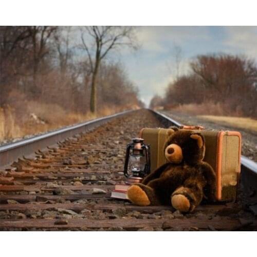 Baby Child Outdoor Rialroad Train Tracks tree Teddy Bear background Computer print children kids photo backdrop