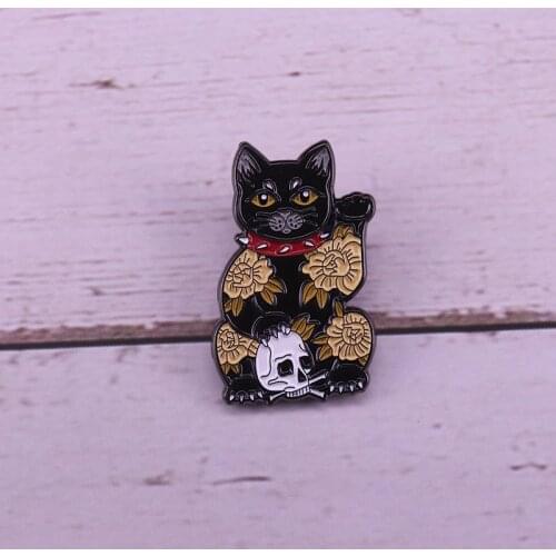 Bad Fortune Cat Enamel Pin Japanese Sakura Skull Brooch mysterious creatures Badge magic and witchery jewelry