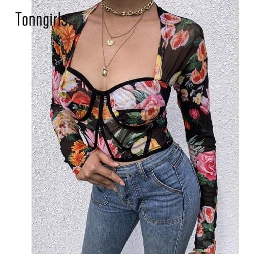 Tonngirls Sexy Women T-shirt Fashion Floral Print Blouses Women Tops Shirt Short Square Collar Cropped Tops Slim Streetwear 2021