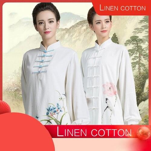 Summer linen cotton short-sleeved lotus spring and autumn Tai Chi suit female practice suit Chinese style martial arts suit