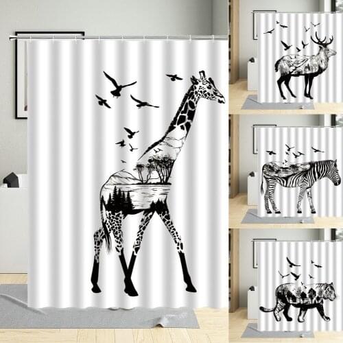 Creative Black And White Animals Pattern Hanging Curtain Deer Giraffe Tiger Zebra Bird Waterproof Shower Curtains With Hooks