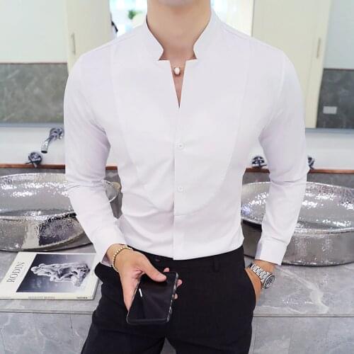 Mandarin Collar Shirt Men 2020 New Autumn Solid Men Shirt Long Sleeve Slim Fit Camisa Social Masculina Casual Mens Shirts 5XL-S