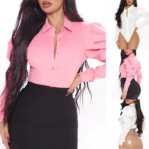 Hot kf-Sexy Women Puff Sleeve Lapel Bodysuit Slim Solid Color Fashion Bodysuit