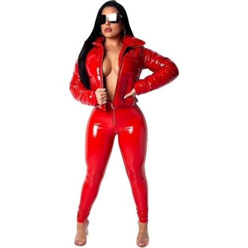 Down Jacket Female 2021 Casual Shiny Pu Leather Down Jacket for Black Women Zipper Full Sleeve Short Outwear Winter