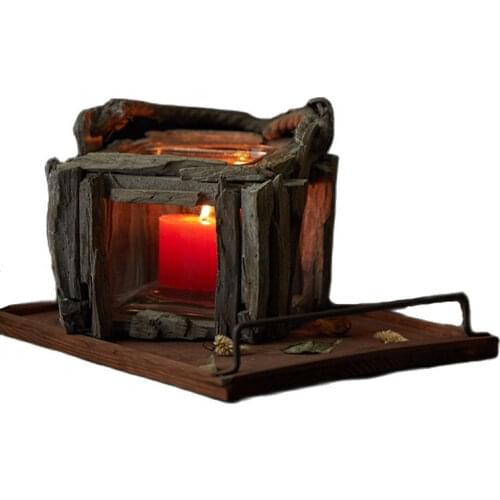 Retro Old Handmade Wooden Candelabra Halloween Glass Candle Holder Lantern Decorative Creative Bar Cafe Home Ornaments Gift FC59