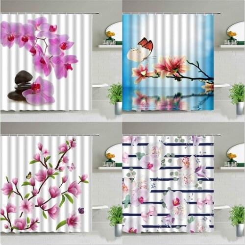 Pink Flowers Butterfly Shower Curtains Spring Floral Plants Bathroom Decor Bathtub Hanging Curtain Waterproof Fabric With Hooks