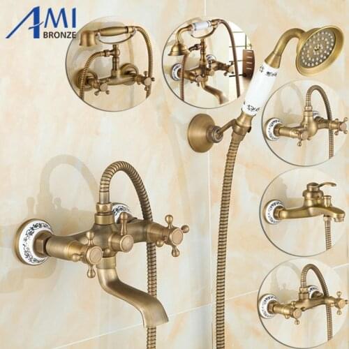 Antique Brushed Brass Bath Faucets Wall Mounted Bathroom Basin Mixer Tap Crane With Hand Shower Head Bath & Shower Faucet