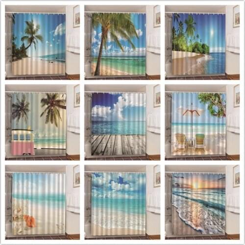 Summer Sunshine Beach Bath Product Bathroom Shower Curtains With 12 Hooks Home Hotel Decoration 3D Blackout Screen douchegordijn