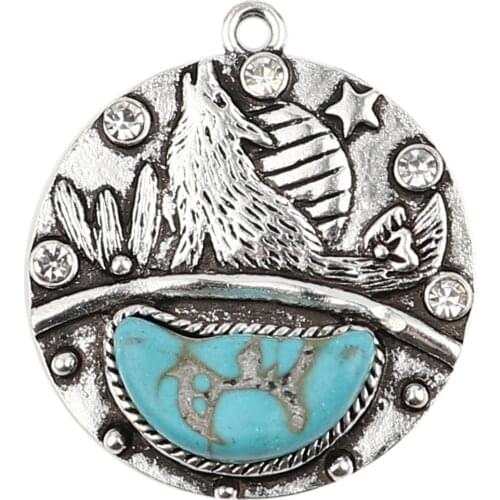 Bohemia Clear Rhinestone Pendants Round Blue Wolf Imitation Turquoise Pendant Necklace Jewelry Making Findings 35mm x 30mm,2 PCs