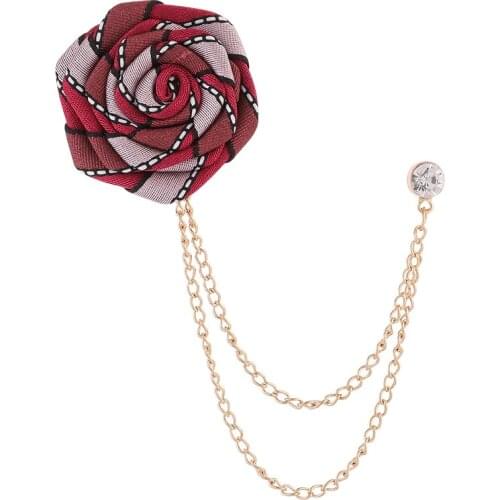 Fashion Handmade Fabric Rose Flower Brooches for Men Crystal Tassel Chain Collar Pins Suit Corsage Wedding Jewelry Gifts