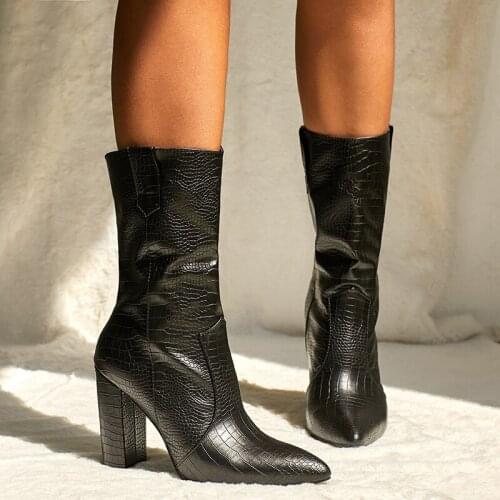 Womens shoes High heels PU Slip On Square heel 11cm Pointed Toe Martin boots Medium boots Womens boots