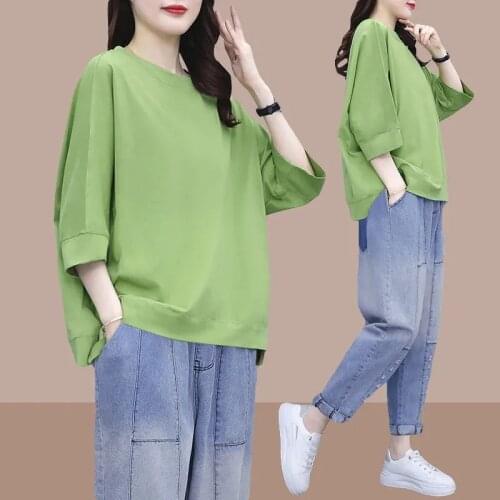 Summer Pant Suits Womens Cotton Top +Jeans Trousers Sets Femme O Neck T-Shirt +Jean Pants New Two-Piece Set Woman High Waist