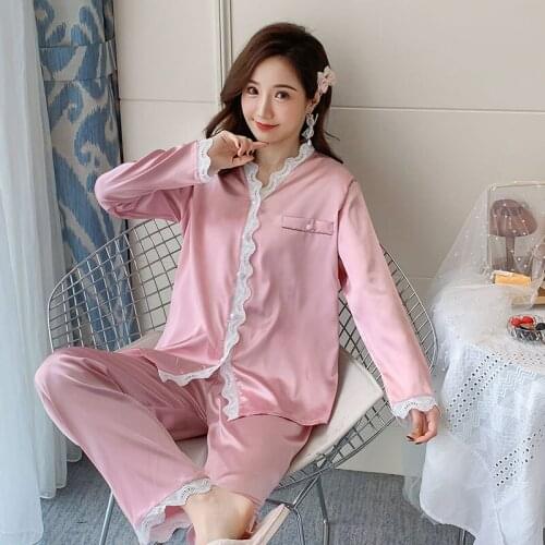 New Stain Lace Woman Pajamas Set 2Pieces Spring Autumn Long Sexy Sleepwear Elegant Solid Color V-neck Ice Silk Homewear Clothes