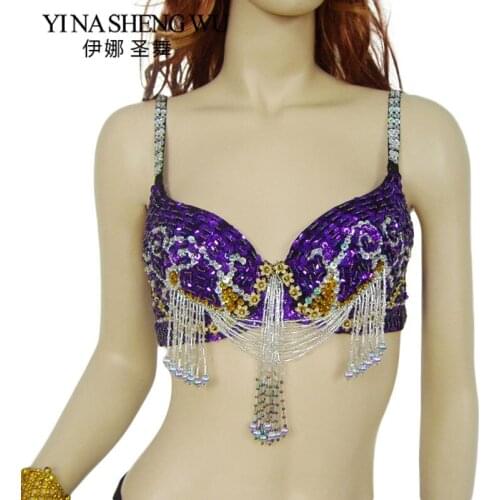 New Oriental Bead Belly Dancing Clothes Hanging Colorful Beads Bra For Women Belly Dancing Bra Tops Sequins Beaded Dance Bra Top