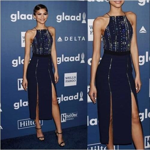 New Fashion Top Quality Blue Crystal Diamonds Sexy Club Dresses Celebrity Cocktail Party Women Sleeveless Bodycon Dress Vestidos