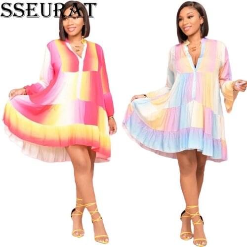 SSEURAT Autumn Women Mini Dress Print Full Sleeve Loose Vintage Dresses Party Night Club Sexy Night Vestidos