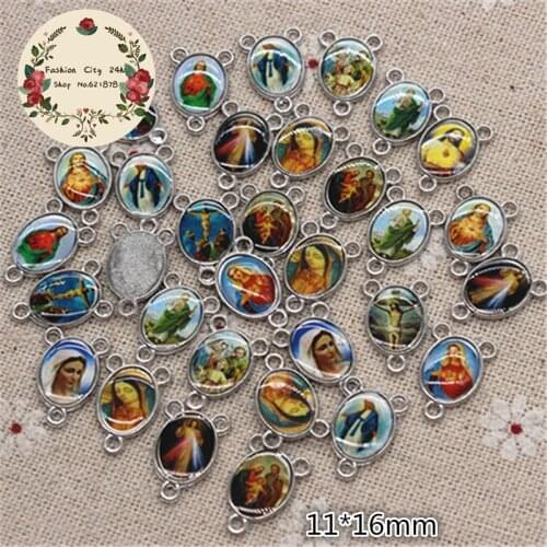 100pcs 11*16mm Mix Saints Image One Side Epoxy Rosary Centerpiece,Jesus Christianism Icon Charm,DIY Rosary Jewelry Accessories