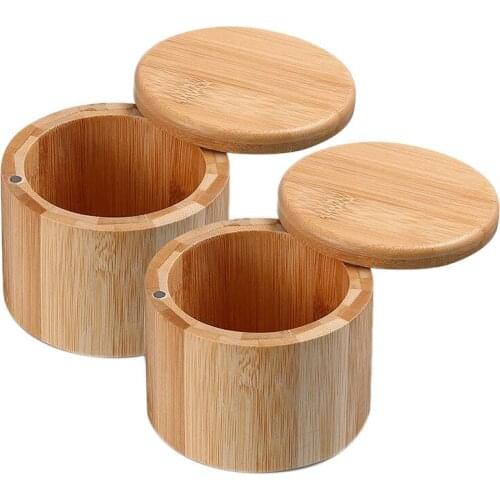 2 Pieces Bamboo Salt and Spice Storage Box with Magnetic Swivel Lid Round Bamboo Pepper Box Bamboo Salt Keeper