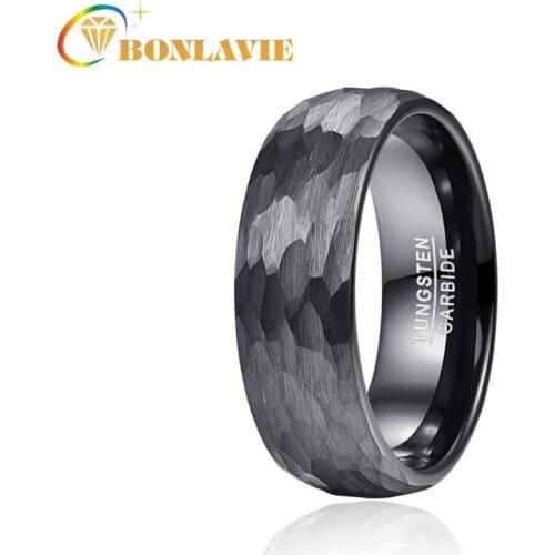 8mm Black Tungsten Wedding Band For Men Multi-Faceted Hammered Brushed Finish Men Rings Gift