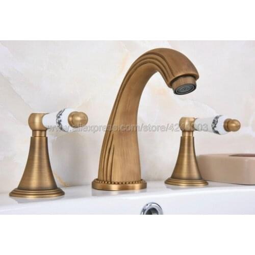 Antique Brass 3 Holes Bathroom Sink Mixer Tap Widespread Basin Faucet Dual Handle Bathroom Basin Faucet Kan090