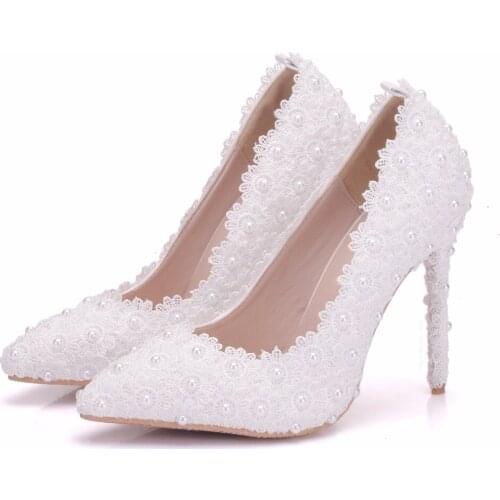 White lace single-shoe womens spring autumn 2018 new fine-heeled high heels pointed shallow womens shoes low-cut shoes