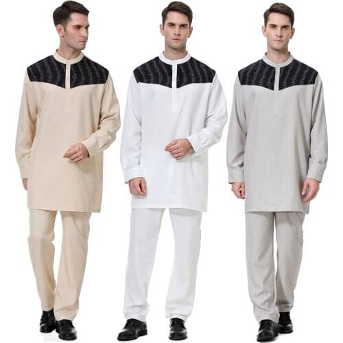 BianFeng Mens Muslim Jubba Thobe Abaya Suit Shirts and Pant Soft and Breathable Stand Collar Islamic Arabic Solid Suit