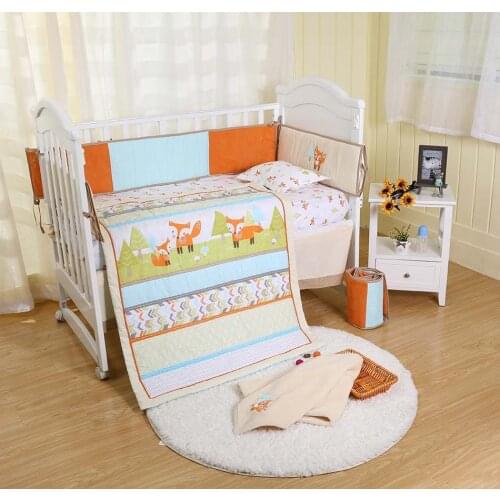 Baby Bed Bumpers 100% Cotton Cute Cartoon Fox Breathable Bed Sheet Quilt Bed Skirt Embroidered Baby Crib Bedding Sets Unisex