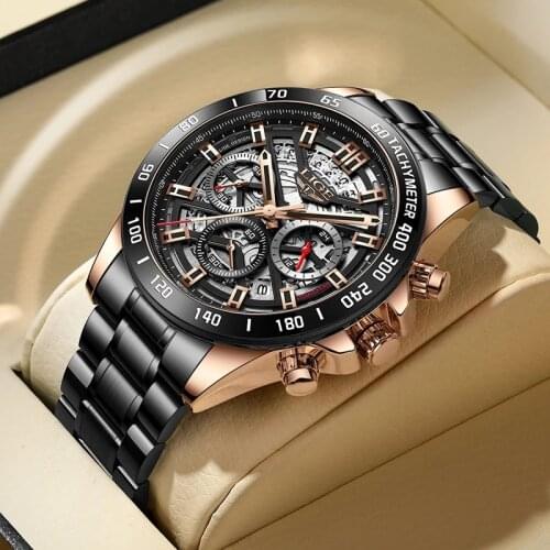 2021 New LIGE Top Brand Luxury Mens Watches Stainless Steel Hollow Quartz Wrist Watch For Men Fashion Waterproof Chronograph+Box