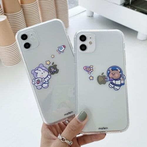Cute Rabbit Bear Astronaut Phone Case For iPhone 12 Mini 11 Pro Max XR XS Max 7 8 Plus X Soft TPU Transparent Back Cover Coque
