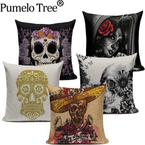 Black Pillowcase Halloween Skull custom Cushion Cover Linen Size 45*45 Printed Throw Pillows Decorative Cojines black
