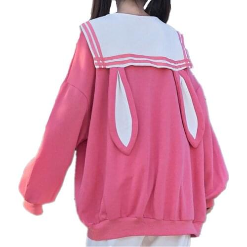 Richkeda Store New 2021 Japanese Lolita Style Cute Women Bowknot Sweatshirts Kawaii Rabbit Long Ears Sailor Collar Hoodies