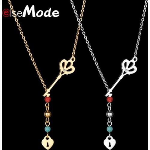 ELSEMODE Fashion Gold Steel Key Heart CZ Stone Engagement Pendant Necklace Stainless For Women Girl Friend Mother Day Gift