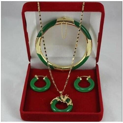 Fashion jewelry Set AAA Green Jade Pendant NecklaceBraceletEarring Set