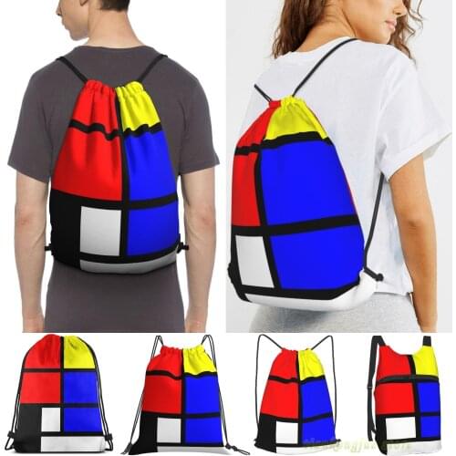 Mondrian Style Art Deco Design In Basic Colors Men Outdoor Travel Gym Bag Waterproof Drawstring Backpack Women Fitness Bags