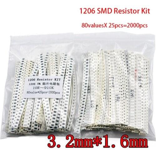 2000pcs 1206 SMD Resistor Kit Assorted Kit 10R ohm-910K ohm 5% 80valuesX 25pcs=2000pcs Sample Kit
