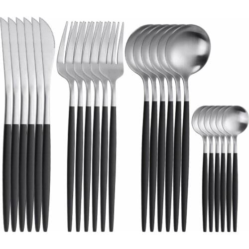 24Pcs Matte Black Silver Stainless Steel Cutlery Set Thin Party Tableware Dinnerware Dinner Flatware Set Forks Knives Spoons Set