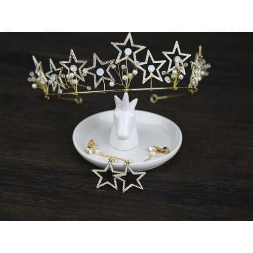 New Handmade Gold Star Crystal Hair Jewelry Rhinestone Tiaras Crowns Earring Set Handmade Bridal Wedding Women Hair Accessories