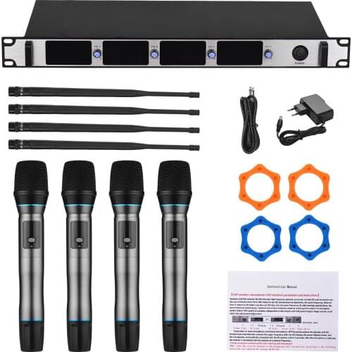 Professional Wireless Microphone System 4-Channel UHF Cordless Mic Set with 4 Handheld Mics & 1 Rack-Mount Receiver for Karaoke