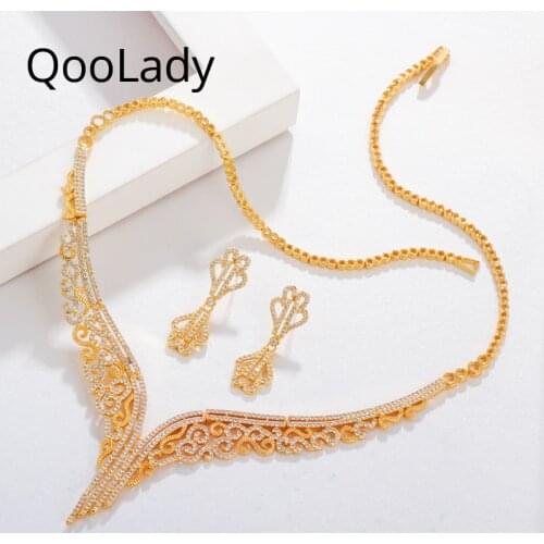 QooLady 2020 Fashion African Bridal Party Jewelry Sets Zirconia Dubai Yellow Gold Big Luxury Necklace Earrings for Women Z077