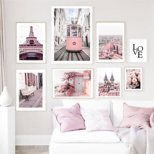 Pink Rose Paris Tram Street Prague Church Wall Art Canvas Painting Nordic Posters And Prints Pictures Minimalist Home Decoration