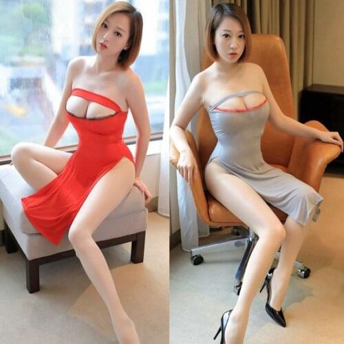 Sexy Lace Hollow Out Open Bust Side Slit Ultra-thin Dress Ice Silk Transparent Smooth High Cut Erotic Dress Club Dance Wear