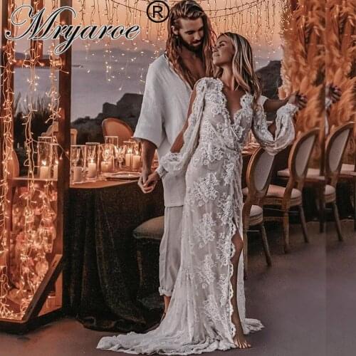 Mryarce Sexy Lace Bohemian Stylish Wedding Dress Open Back Beach See Through Bridal Gowns