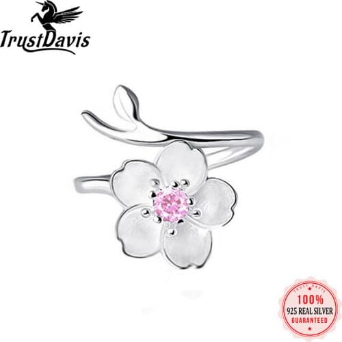 ElfoPlataSi 100% 925 Sterling Silver Fashion Sakura With CZ Cocktail Opening Ring Sizable 5 6 7 Teen Girl Kid Xma Gift XY1006