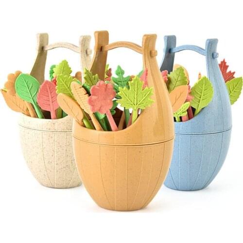 16Pcs/Set Nordic Style Fruit Fork Wheat Straw Barrel Leaves Shape Cake Dessert Forks For Wedding Party Lunch Decor Accessories