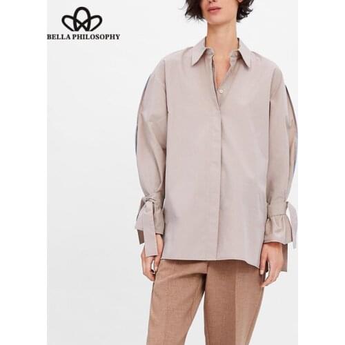 Bella Philosophy Spring Long Flare Sleeve Blouse Shirts Street Wear Female Loose Shirts Vintage Solid Lace-Up Blouse Tops 2019